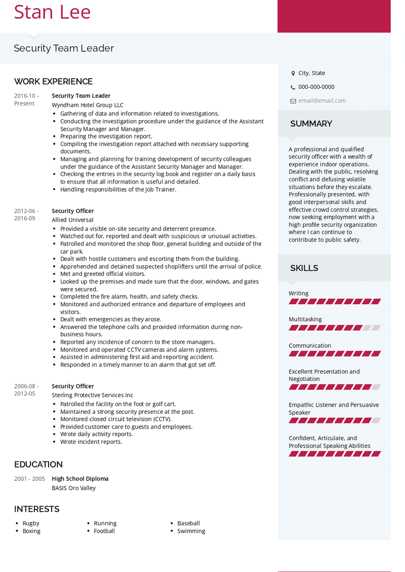 Security Team Leader Resume Sample and Template