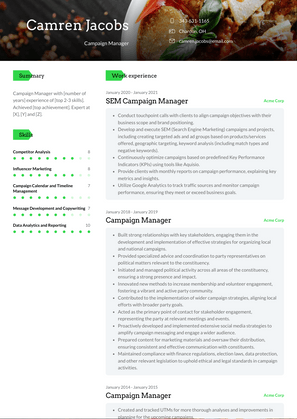 Campaign Manager Resume Sample and Template