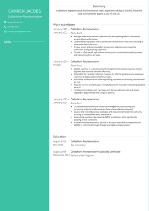 Collections Representative Resume Sample and Template