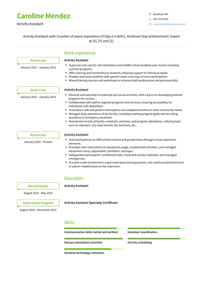 Activity Assistant Resume Sample and Template
