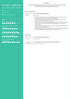Environmental Health Specialist Resume Sample and Template