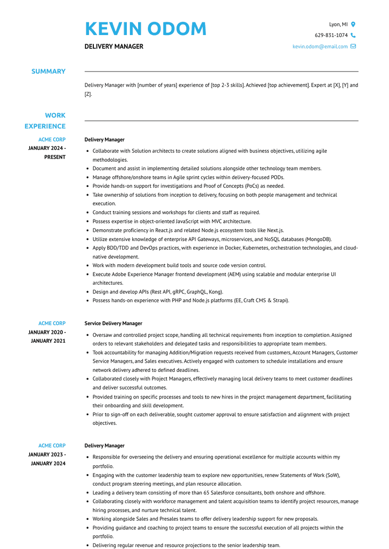 Delivery Manager Resume Sample and Template