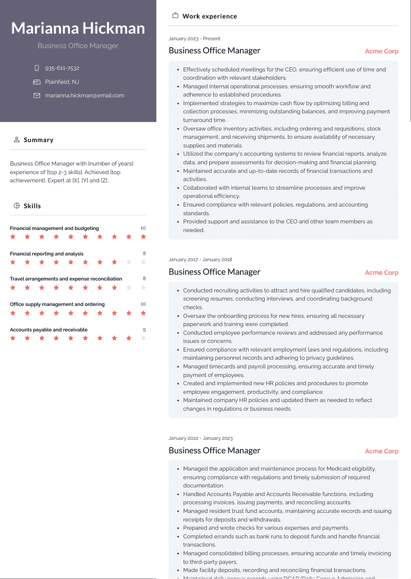 Business Office Manager Resume Sample and Template