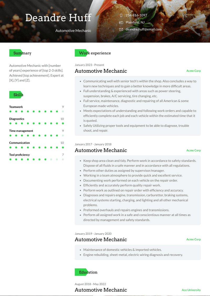 Automotive Mechanic Resume Sample and Template