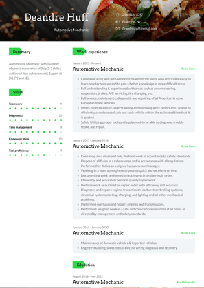 Automotive Mechanic Resume Sample and Template