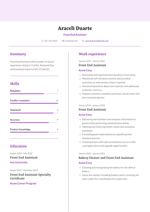 Front End Assistant Resume Sample and Template