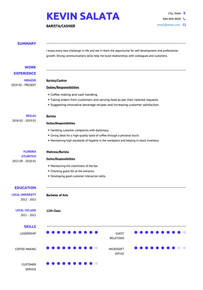 Barista/Cashier CV Example and Template