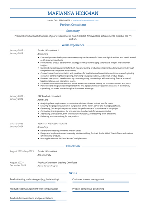 Product Consultant Resume Sample and Template