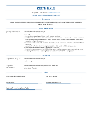 Senior Technical Business Analyst Resume Sample and Template