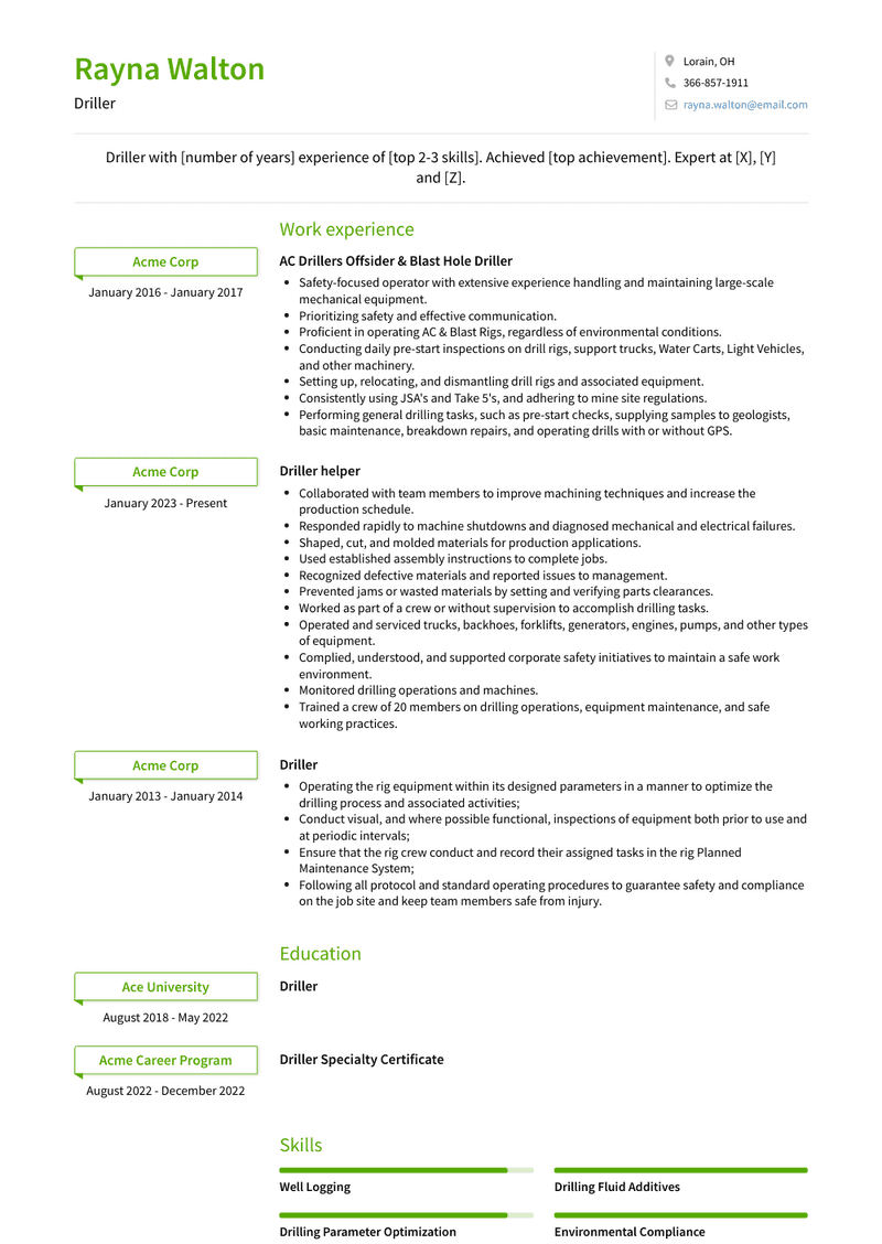 Driller Resume Sample and Template