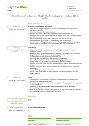 Driller Resume Sample and Template