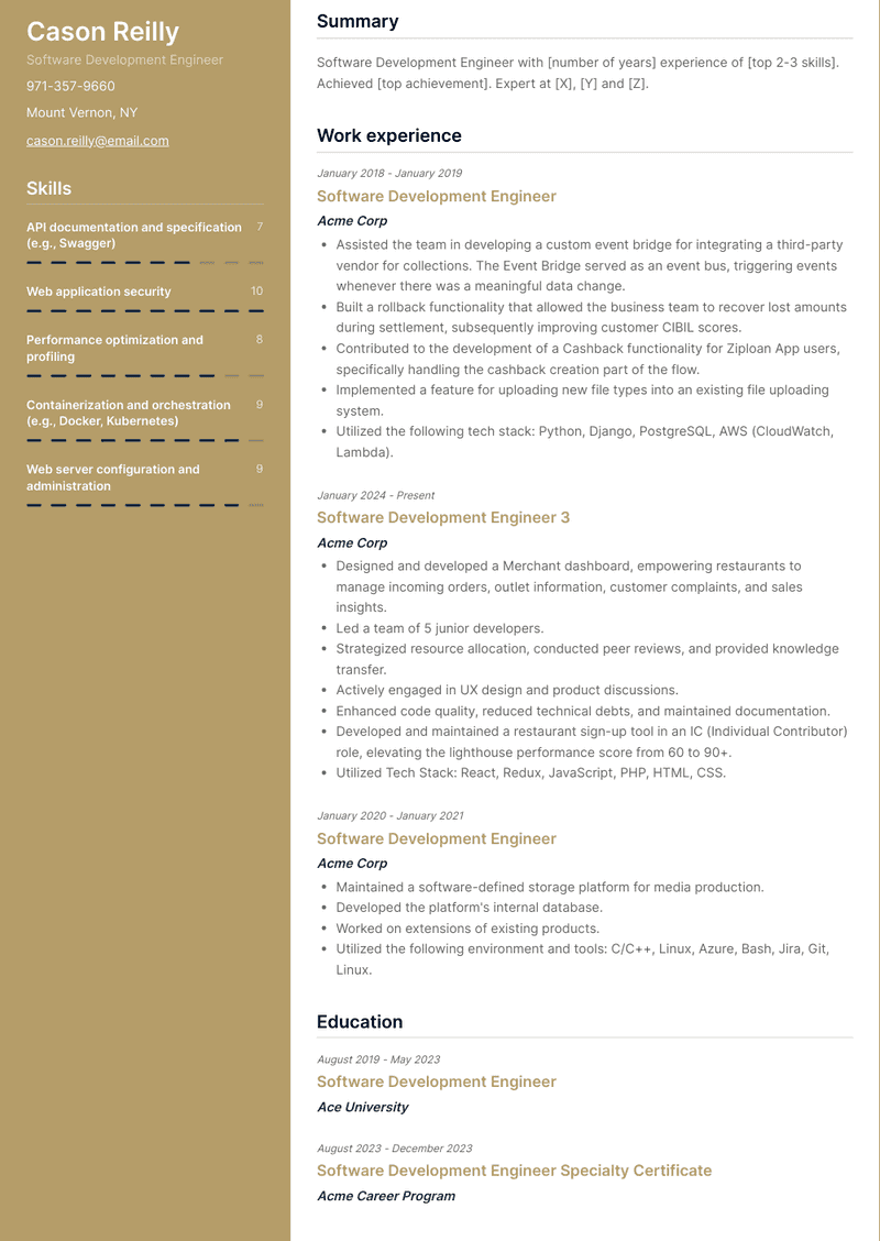 Software Development Engineer Resume Sample and Template