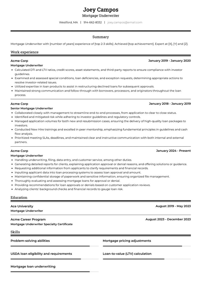 Mortgage Underwriter Resume Sample and Template