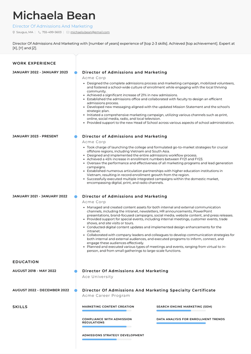 Director Of Admissions And Marketing Resume Sample and Template