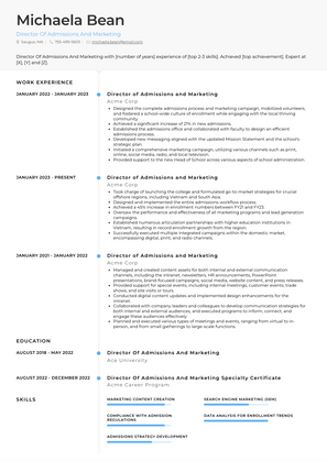 Director Of Admissions And Marketing Resume Sample and Template