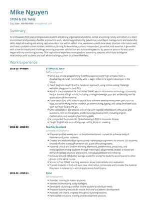 STEM & ESL Tutor CV Example and Template