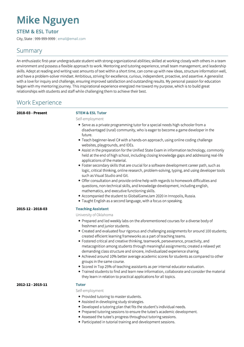 STEM & ESL Tutor CV Example and Template