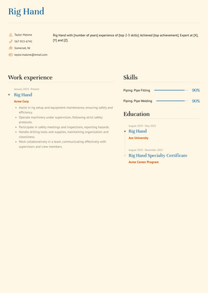 Rig Hand Resume Sample and Template