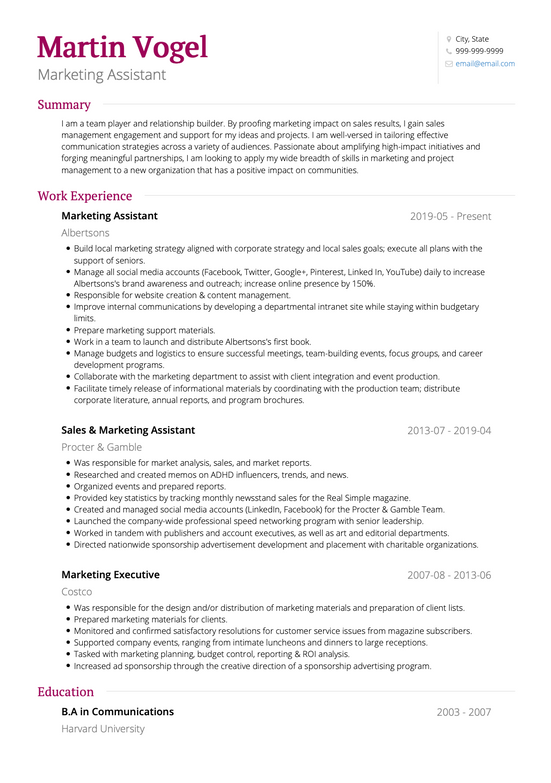 A resume using VisualCV's Standard template