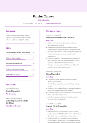 Clinical Specialist Resume Sample and Template