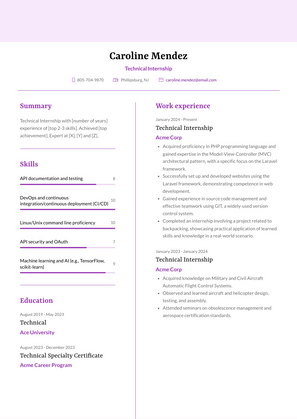 Technical Internship Resume Sample and Template