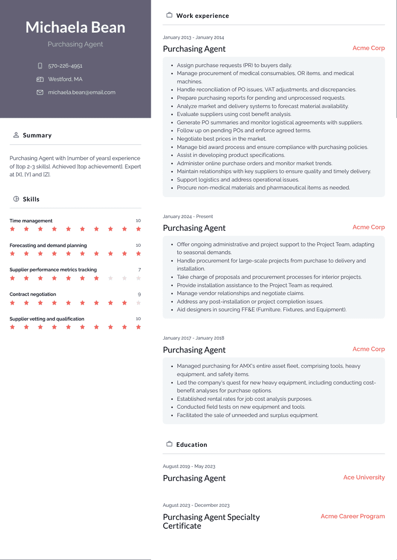 Purchasing Agent Resume Sample and Template