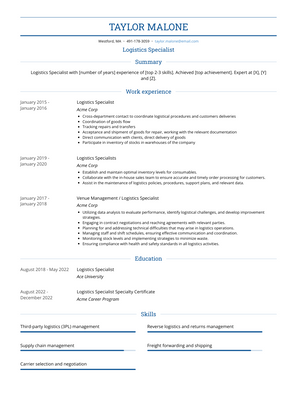 Logistics Specialist Resume Sample and Template