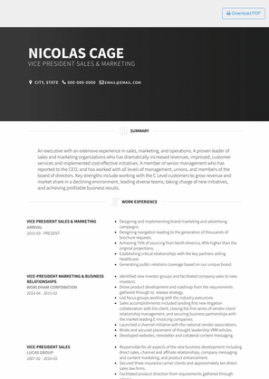 Vice President Sales & Marketing Resume Sample and Template