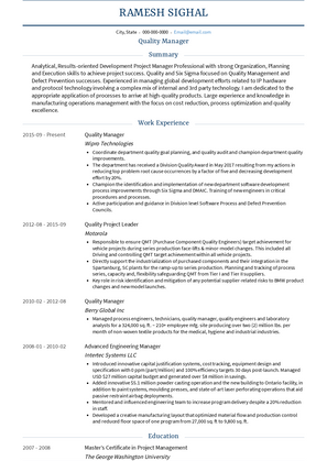 Quality Manager Resume Sample and Template