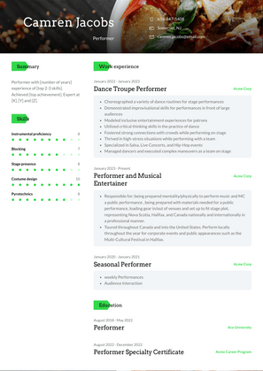 Performer Resume Sample and Template