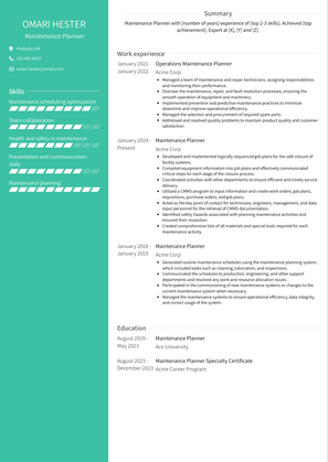 Maintenance Planner Resume Sample and Template