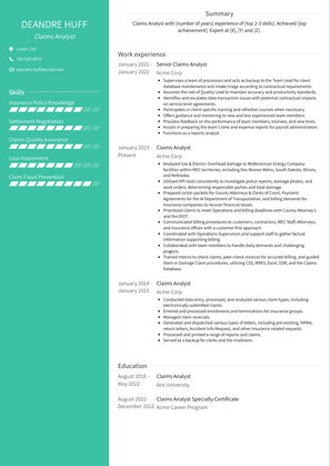 Claims Analyst Resume Sample and Template