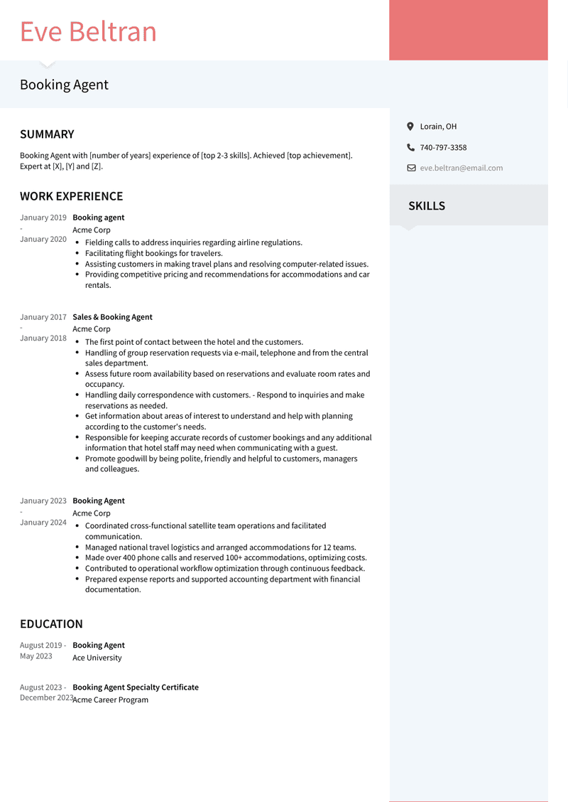 Booking Agent Resume Sample and Template