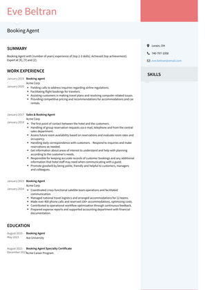 Booking Agent Resume Sample and Template