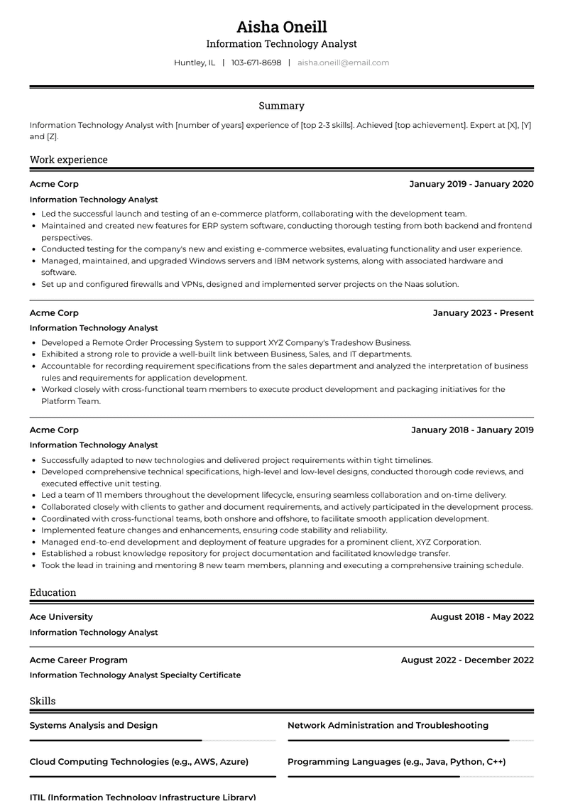Information Technology Analyst Resume Sample and Template