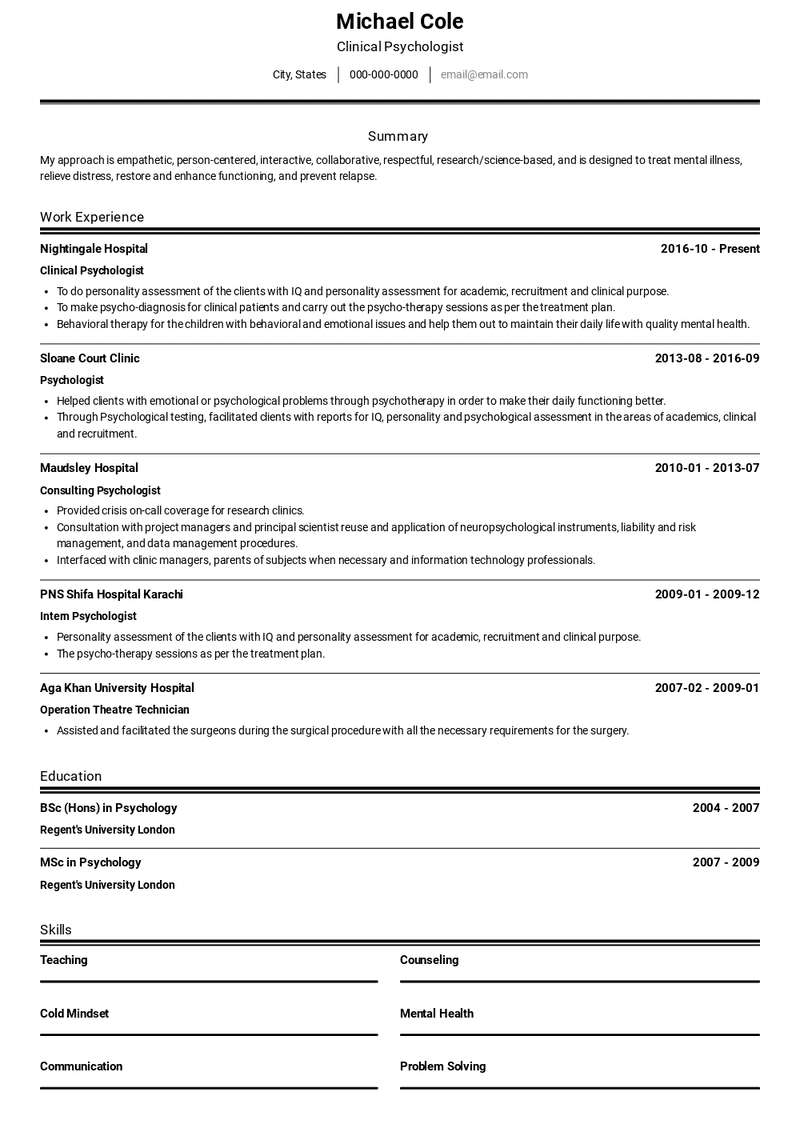 Clinical Psychologist Resume Sample and Template