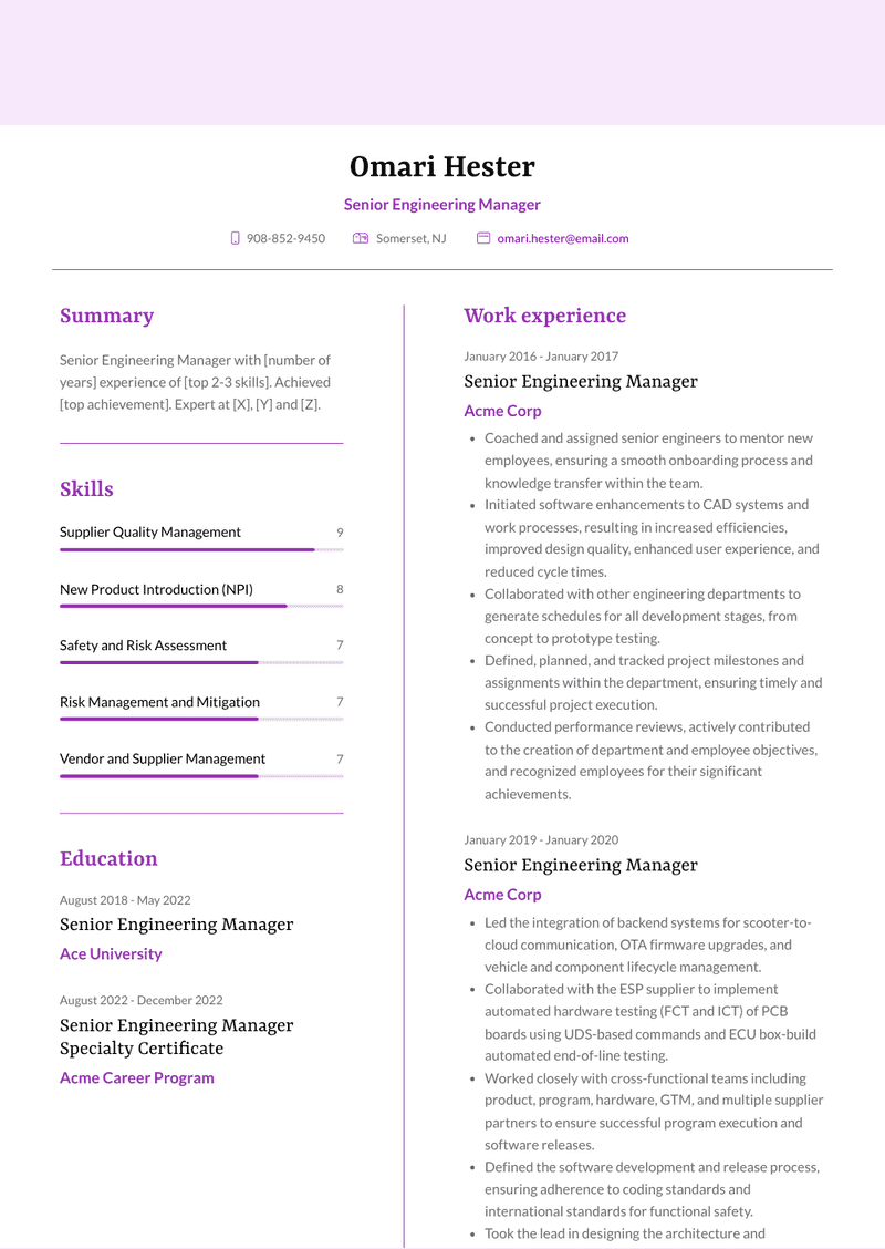 Senior Engineering Manager Resume Sample and Template