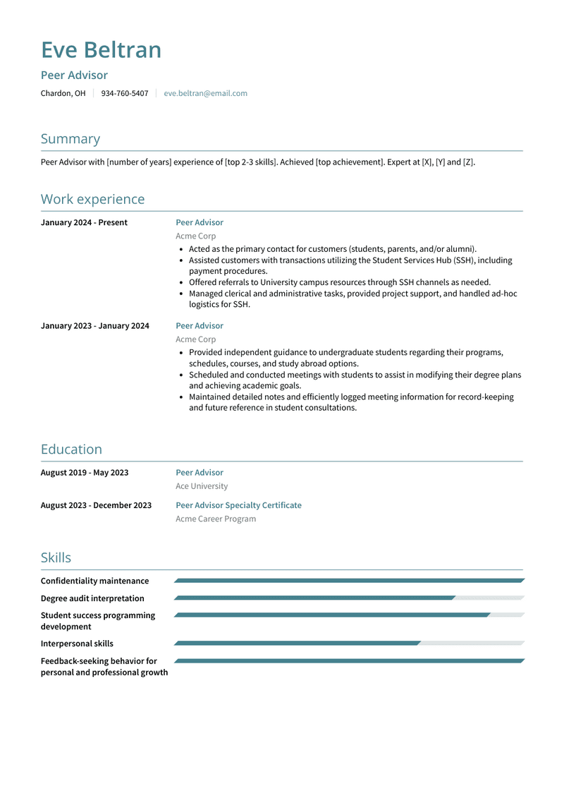 Peer Advisor Resume Sample and Template