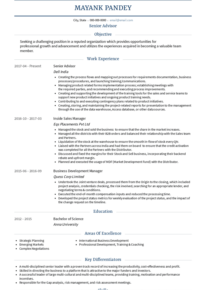 Senior Advisor Resume Sample and Template