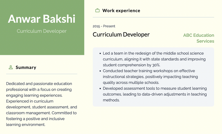 Minimalist Resume Color Scheme for Education - Sage Green and Ivory