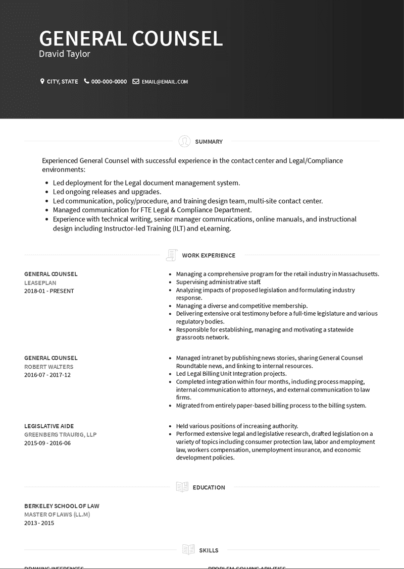 general counsel resume examples