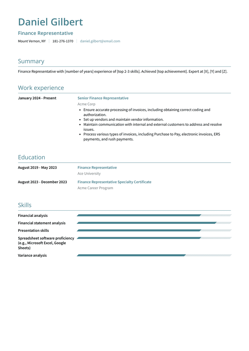 Finance Representative Resume Sample and Template