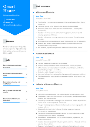 Maintenance Electrician Resume Sample and Template