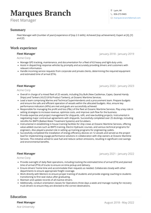 Fleet Manager Resume Sample and Template
