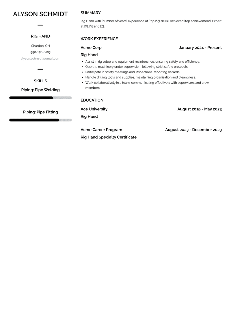 Rig Hand Resume Sample and Template