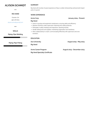 Rig Hand Resume Sample and Template