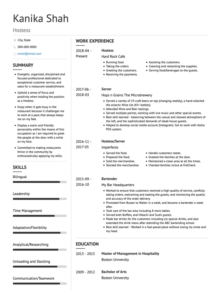 Hospitality Google Docs Resume Template