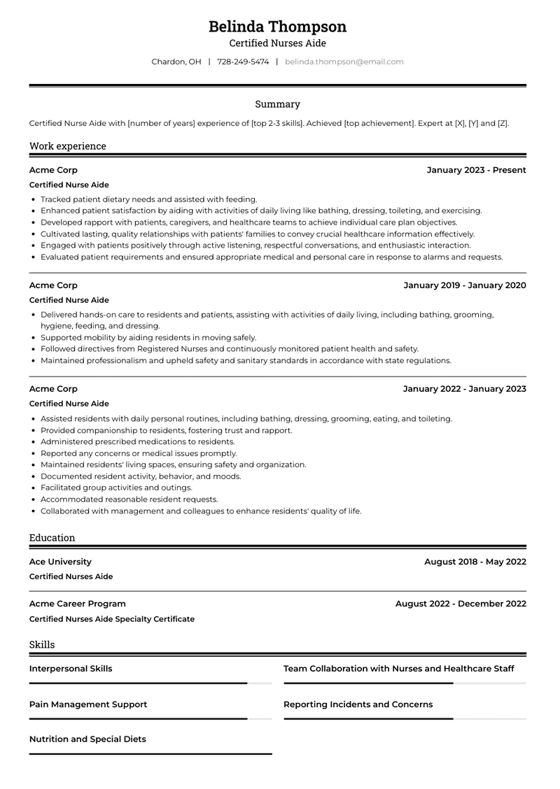 Certified Nurses Aide Resume Sample and Template