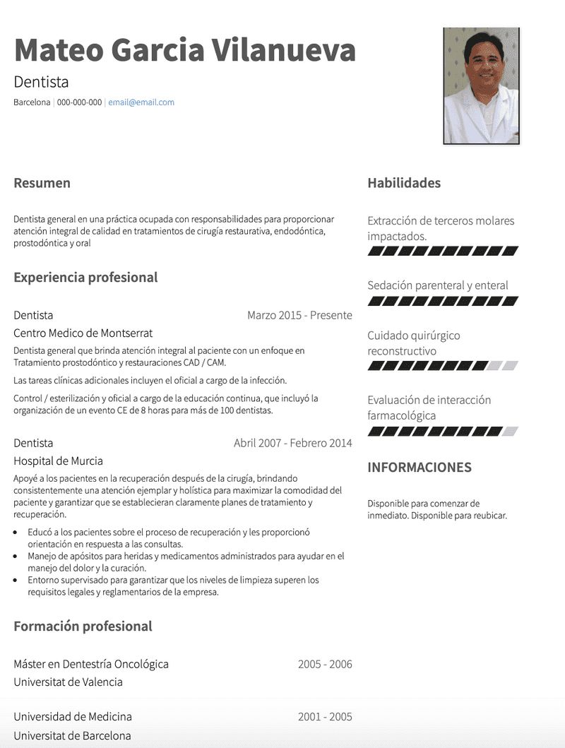 Plantilla y ejemplo de Dentista CV