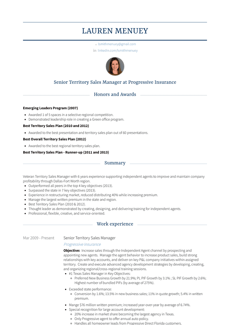 Senior Territory Sales Manager Resume Sample and Template